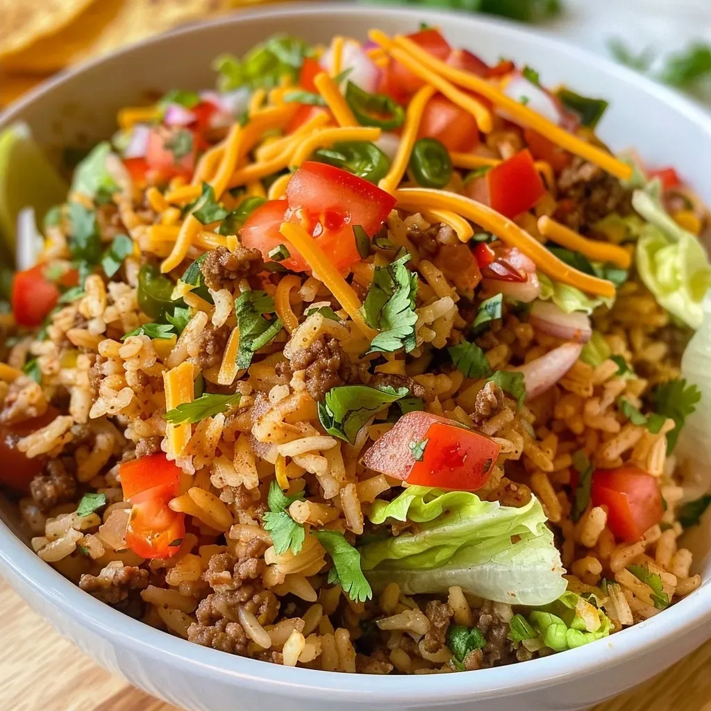 ['Close-up side view of a hearty Taco Rice Fiesta with colorful toppings.', 'Juicy Taco Rice Fiesta featuring layers of ground beef, rice, and fresh vegetables.', 'A vibrant serving of Taco Rice Fiesta topped with cheese and lettuce.', 'Delicious Taco Rice Fiesta in a bowl, garnished with diced tomatoes and onions.']