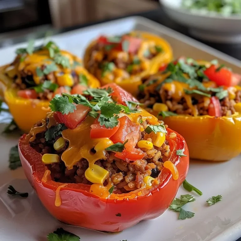 ['Close-up side view of colorful taco stuffed peppers filled with ground turkey and other ingredients.', 'Juicy taco stuffed peppers halved and packed with beans, corn, and cheese.', 'A vibrant display of taco stuffed peppers, showcasing the savory filling and fresh peppers.', 'Gourmet taco stuffed peppers arranged attractively, highlighting their delicious, colorful filling.']