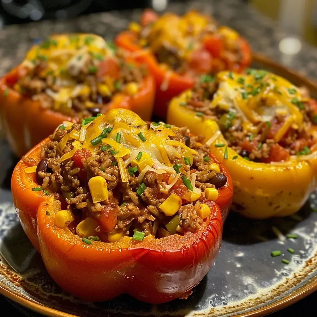['Close-up side view of colorful taco stuffed peppers filled with ground turkey and other ingredients.', 'Juicy taco stuffed peppers halved and packed with beans, corn, and cheese.', 'A vibrant display of taco stuffed peppers, showcasing the savory filling and fresh peppers.', 'Gourmet taco stuffed peppers arranged attractively, highlighting their delicious, colorful filling.']