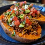 ['Close-up view of taco stuffed sweet potatoes topped with cheese, tomatoes, and avocado.', 'Juicy taco stuffed sweet potatoes drizzled with sour cream and garnished with diced tomatoes.', 'Side view of sweet potatoes filled with seasoned beef, salsa, and fresh toppings on a plate.', 'Colorful taco stuffed sweet potatoes showcasing layers of ingredients in a delicious arrangement.']