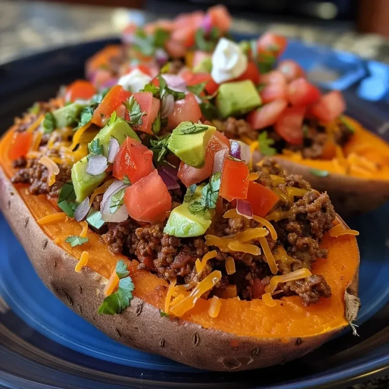 ['Close-up view of taco stuffed sweet potatoes topped with cheese, tomatoes, and avocado.', 'Juicy taco stuffed sweet potatoes drizzled with sour cream and garnished with diced tomatoes.', 'Side view of sweet potatoes filled with seasoned beef, salsa, and fresh toppings on a plate.', 'Colorful taco stuffed sweet potatoes showcasing layers of ingredients in a delicious arrangement.']