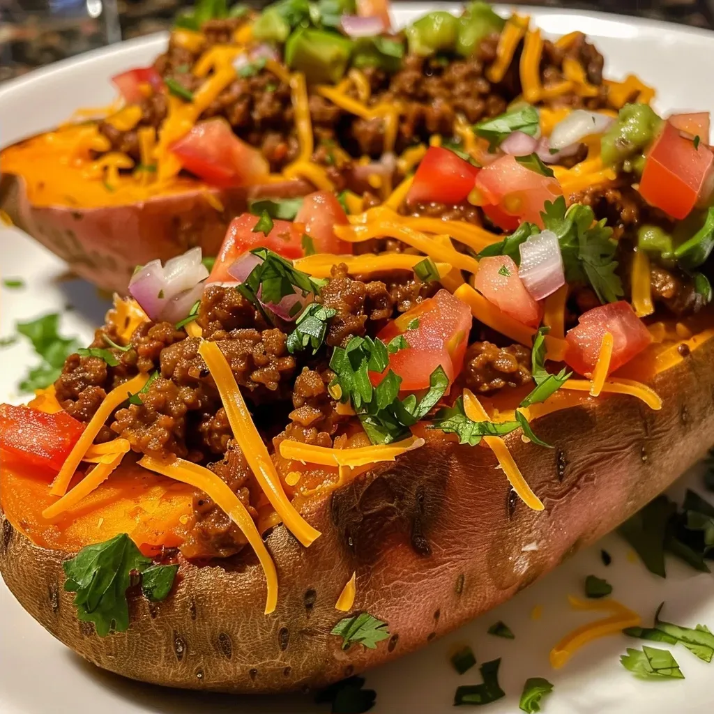 ['Close-up view of taco stuffed sweet potatoes topped with cheese, tomatoes, and avocado.', 'Juicy taco stuffed sweet potatoes drizzled with sour cream and garnished with diced tomatoes.', 'Side view of sweet potatoes filled with seasoned beef, salsa, and fresh toppings on a plate.', 'Colorful taco stuffed sweet potatoes showcasing layers of ingredients in a delicious arrangement.']