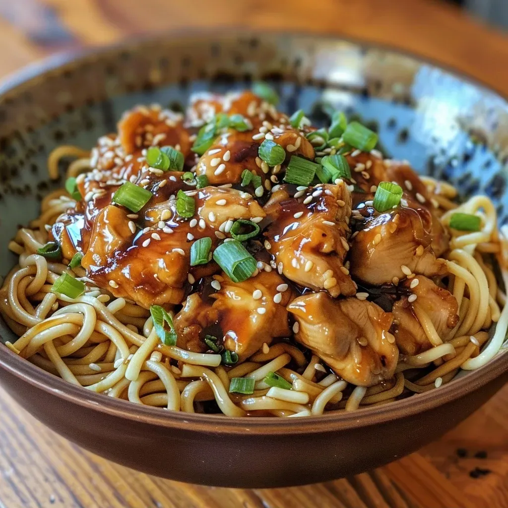 ['Close-up view of a Teriyaki Chicken Noodle Bowl with sliced chicken and vegetables.', 'Side angle shot of Teriyaki Chicken Noodles topped with sesame seeds and scallions.', 'Juicy Teriyaki Chicken served over yaki-soba noodles in a vibrant bowl.', 'Colorful bowl of Teriyaki Chicken Noodles showcasing glazed chicken and fresh garnishes.']