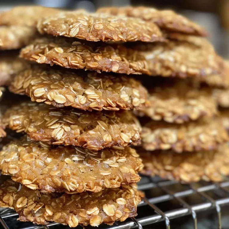 ['Close-up of thin and crispy Anzac cookies on a wooden surface.', 'A side view of freshly baked Anzac cookies displaying a golden-brown color.', 'An array of thin, crispy Anzac cookies with a texture showing oats and coconut.', 'Delicious Anzac cookies stacked on a rustic table, highlighting their crispy edges.']