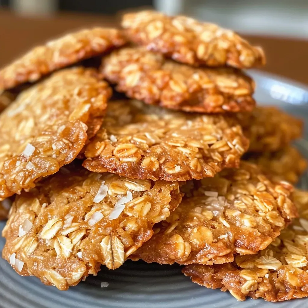 ['Close-up of thin and crispy Anzac cookies on a wooden surface.', 'A side view of freshly baked Anzac cookies displaying a golden-brown color.', 'An array of thin, crispy Anzac cookies with a texture showing oats and coconut.', 'Delicious Anzac cookies stacked on a rustic table, highlighting their crispy edges.']
