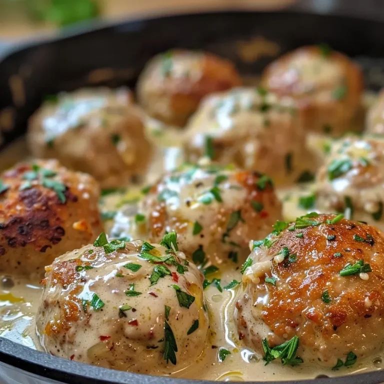 ['Close-up view of juicy turkey meatballs coated in creamy garlic Parmesan sauce garnished with parsley.', 'Side view of turkey meatballs in a rich, creamy sauce, topped with shaved Parmesan and fresh herbs.', 'Detailed shot of tender turkey meatballs swimming in a velvety garlic Parmesan sauce, highlighting texture and garnish.', 'A plate of succulent turkey meatballs in a luscious garlic Parmesan sauce, showcasing the creamy consistency and toppings.']