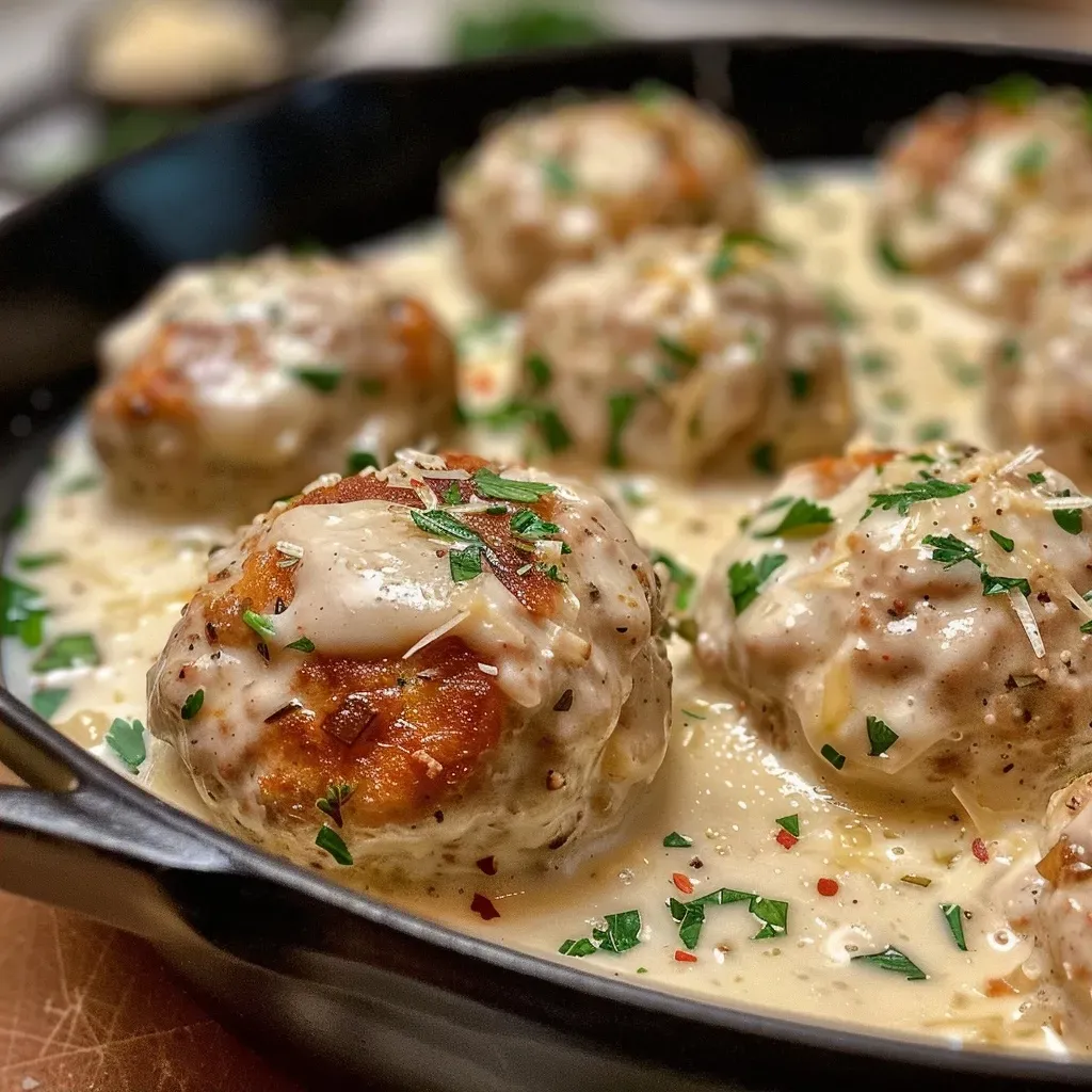 ['Close-up view of juicy turkey meatballs coated in creamy garlic Parmesan sauce garnished with parsley.', 'Side view of turkey meatballs in a rich, creamy sauce, topped with shaved Parmesan and fresh herbs.', 'Detailed shot of tender turkey meatballs swimming in a velvety garlic Parmesan sauce, highlighting texture and garnish.', 'A plate of succulent turkey meatballs in a luscious garlic Parmesan sauce, showcasing the creamy consistency and toppings.']