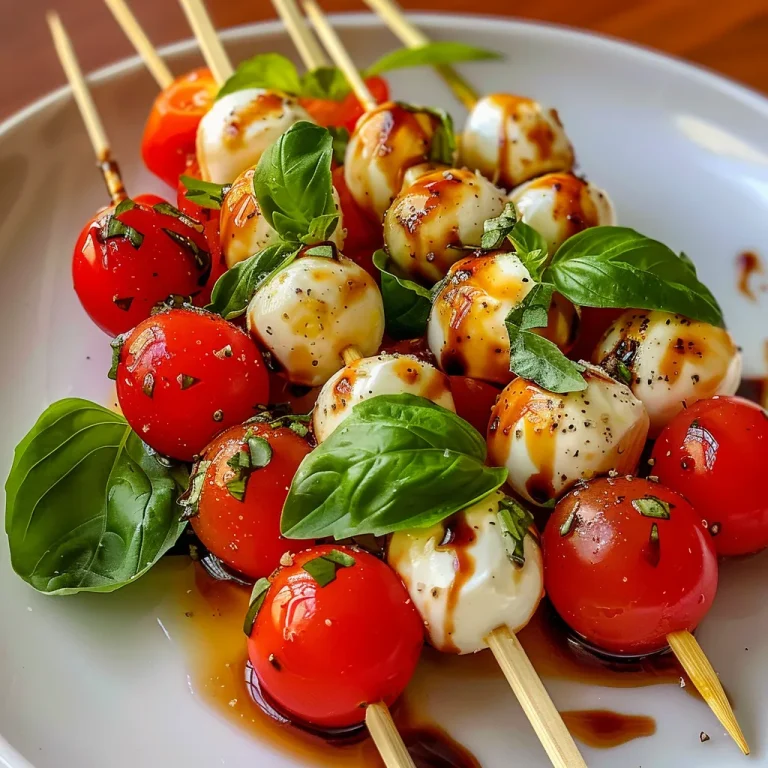['Close-up of vibrant Caprese skewers featuring cherry tomatoes, mozzarella balls, and fresh basil.', 'Side view of juicy Caprese skewers arranged on a plate, showing red, white, and green colors of the ingredients.', 'Fresh Caprese skewers with cherry tomatoes and mozzarella, drizzled with balsamic glaze against a blurred background.', 'A detailed shot of Caprese skewers highlighting the fresh basil leaves, cherry tomatoes, and cheese balls.']