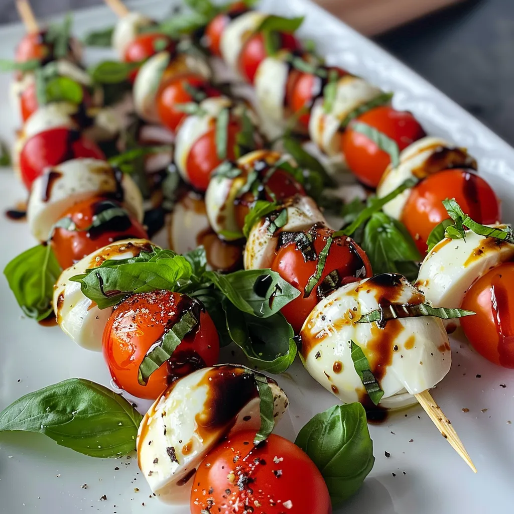 ['Close-up of vibrant Caprese skewers featuring cherry tomatoes, mozzarella balls, and fresh basil.', 'Side view of juicy Caprese skewers arranged on a plate, showing red, white, and green colors of the ingredients.', 'Fresh Caprese skewers with cherry tomatoes and mozzarella, drizzled with balsamic glaze against a blurred background.', 'A detailed shot of Caprese skewers highlighting the fresh basil leaves, cherry tomatoes, and cheese balls.']