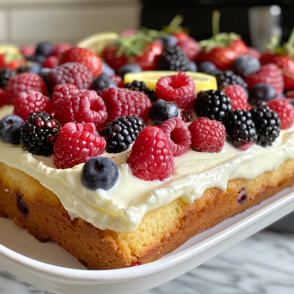 ['A close-up side view of a moist Lemon Berry Yogurt Cake, showcasing its texture and berry toppings.', 'Side view of Lemon Berry Yogurt Cake, highlighting layers of cake with fresh berries and lemon glaze.', 'Close-up of a slice of Lemon Berry Yogurt Cake, featuring vibrant mixed berries and a creamy frosting.', 'Detailed shot of a Lemon Berry Yogurt Cake with a bright yellow hue and colorful fruit toppings.']