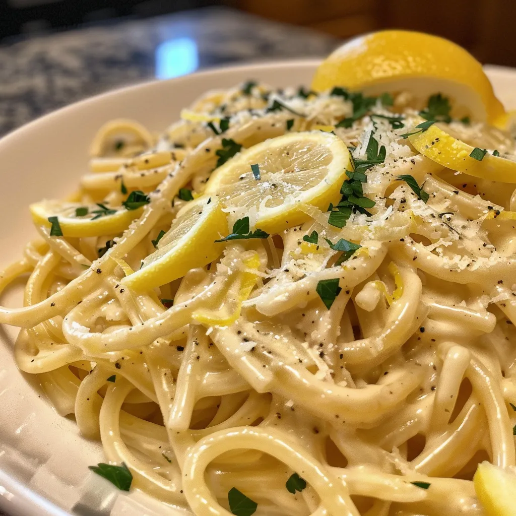 ['Close-up of creamy lemon sauce glistening on pasta.', 'Side view of a bowl filled with lemon cream sauce and pasta.', 'Juicy lemon cream pasta sauce with fresh parsley garnishing.', 'Delicious lemon cream sauce with melted cheese coating pasta.']