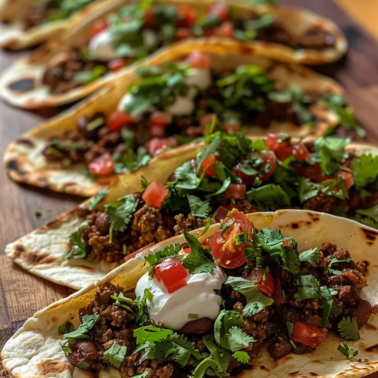 ['Close-up view of a flatbread taco filled with colorful ingredients.', 'Side view of juicy flatbread tacos showcasing fresh toppings.', 'Detailed shot of a flatbread taco filled with ground beef and beans.', 'Vibrant flatbread taco with sour cream and diced tomatoes displayed.']