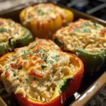 ['Close-up view of juicy Cheesy Chicken Stuffed Peppers with melted cheese on top.', 'Side view of Cheesy Chicken Stuffed Peppers filled with colorful ingredients and cheesy topping.', 'Vibrant Cheesy Chicken Stuffed Peppers showing layers of chicken, broccoli, and cheese.', 'Deliciously baked Cheesy Chicken Stuffed Peppers, glistening with melted cheese and fresh herbs.']