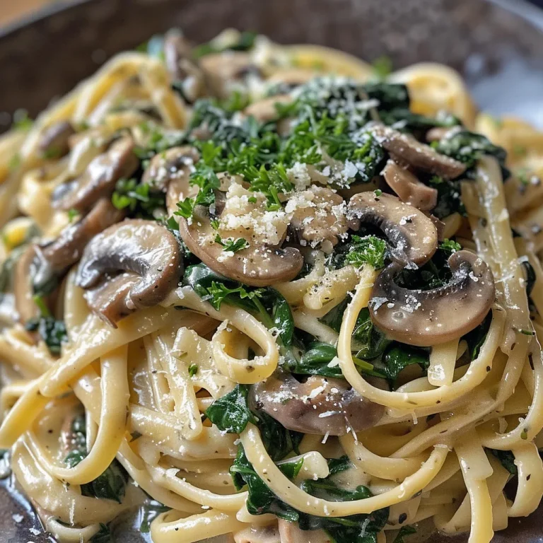 ['Close-up view of creamy spinach mushroom pasta with visible mushrooms and spinach.', 'Side view of pasta dish featuring spinach, mushrooms, and a sprinkle of Parmesan cheese.', 'Detailed image of freshly cooked spinach mushroom pasta with vibrant green spinach and sliced mushrooms.', 'Rich and creamy pasta topped with chopped parsley and Parmesan, emphasizing its ingredients.']