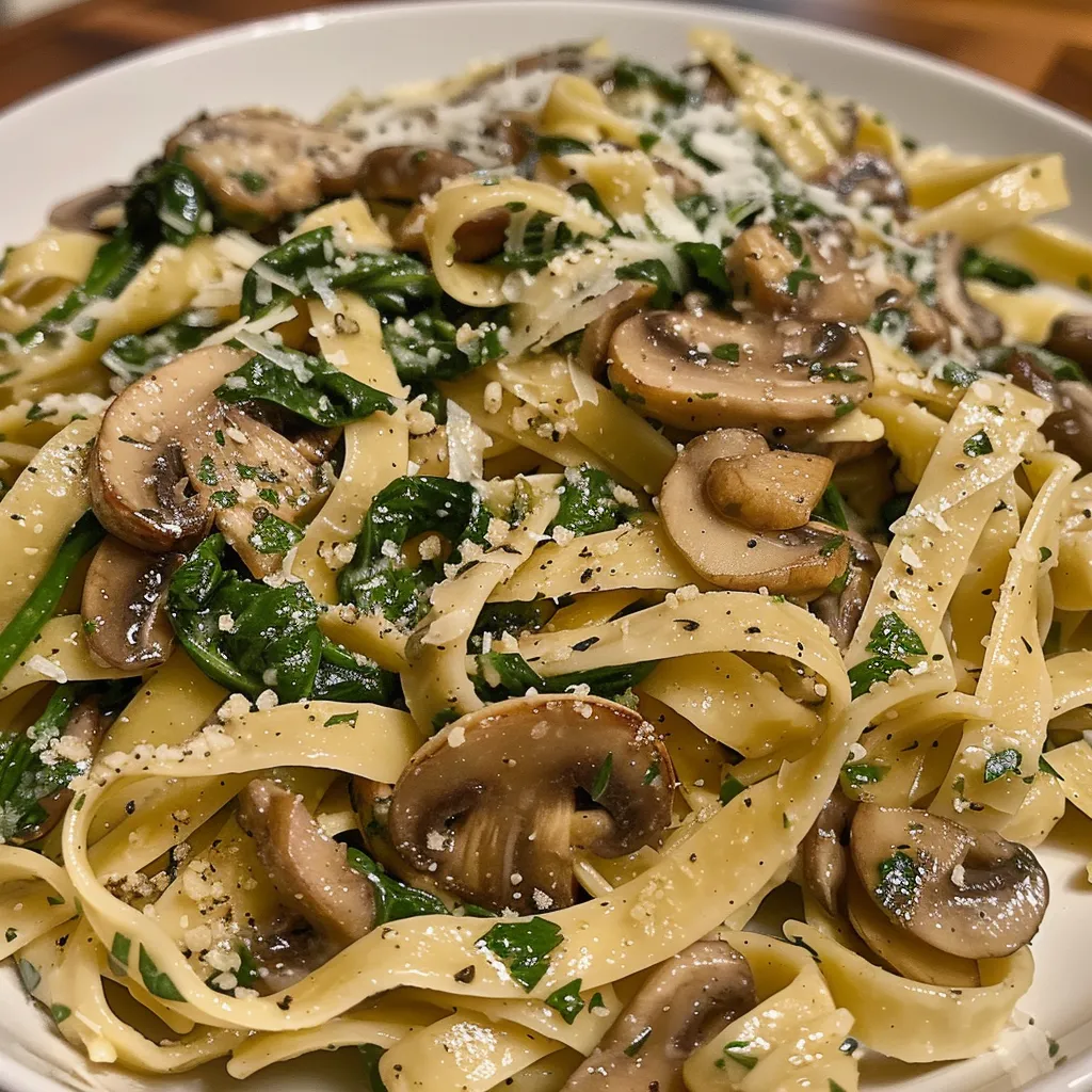 ['Close-up view of creamy spinach mushroom pasta with visible mushrooms and spinach.', 'Side view of pasta dish featuring spinach, mushrooms, and a sprinkle of Parmesan cheese.', 'Detailed image of freshly cooked spinach mushroom pasta with vibrant green spinach and sliced mushrooms.', 'Rich and creamy pasta topped with chopped parsley and Parmesan, emphasizing its ingredients.']