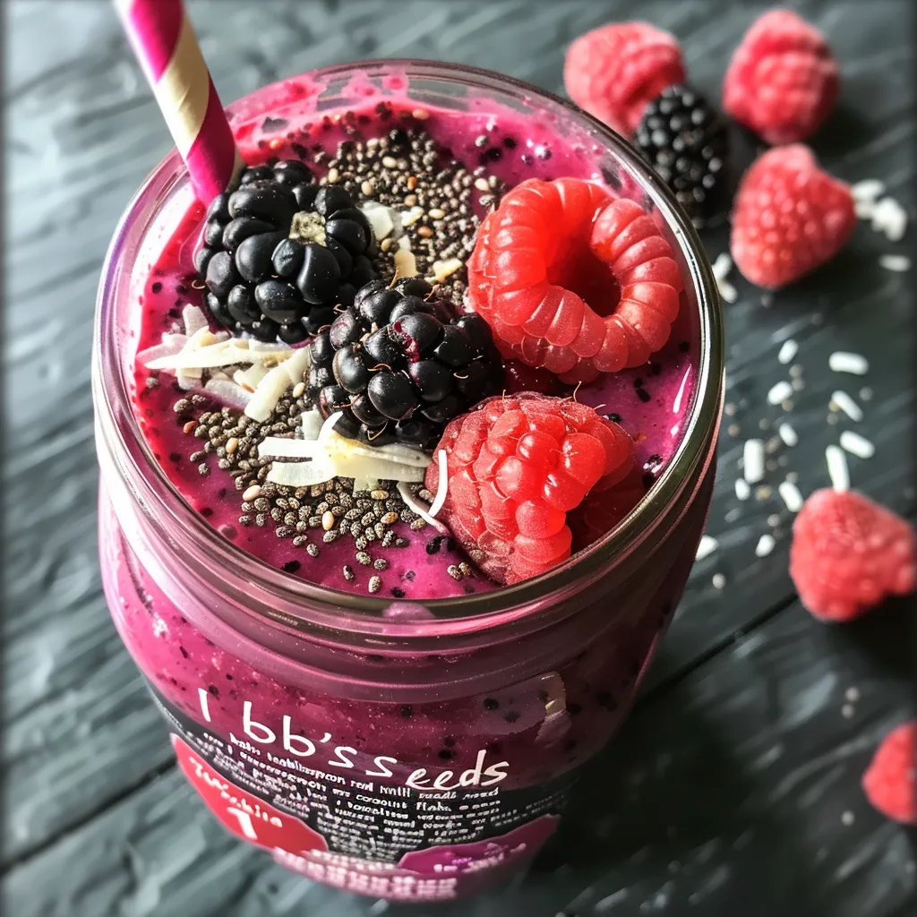 ['Close-up of a vibrant berry coconut chia smoothie in a glass, showcasing mixed berries and chia seeds.', 'Side view of a delicious berry chia smoothie, with coconut milk and visible chia seeds on top.', 'Photographic detail of a berry coconut smoothie featuring purple and red berries, chia seeds, and coconut flakes.', 'Refreshing berry smoothie in a glass, filled with colorful frozen berries and adorned with chia seeds.']