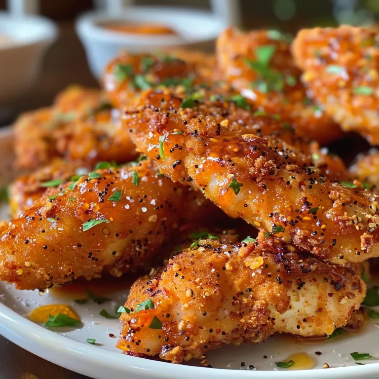 Close-up of crispy honey hot chicken tenders, glistening with sauce.