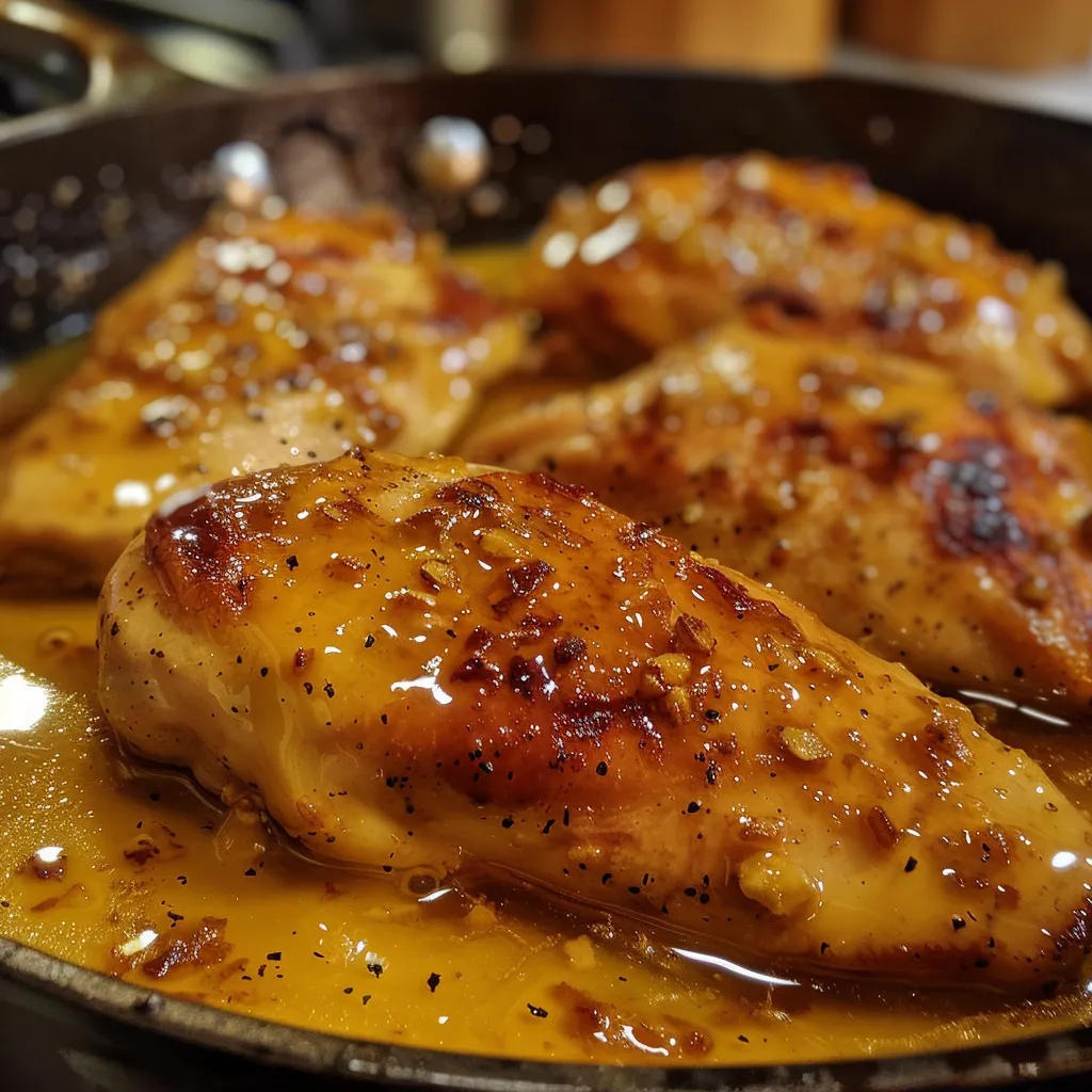 ['Close-up of juicy Skillet Honey Mustard Chicken on a white plate.', 'Side view of grilled chicken breasts glazed with honey mustard sauce.', 'A serving of Skillet Honey Mustard Chicken, garnished and ready to eat.', 'Delicious, tender chicken breasts coated in honey mustard sauce on a rustic table.']