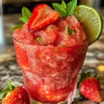 ['Close-up of a vibrant watermelon slushie in a clear glass, garnished with mint leaves.', 'Side view of a refreshing watermelon slushie with a straw, showcasing its icy texture.', 'Juicy watermelon slushie topped with fresh mint, served with lime wedges on the side.', 'Bright pink watermelon slushie in a glass, highlighting the fruit chunks and herbs.']