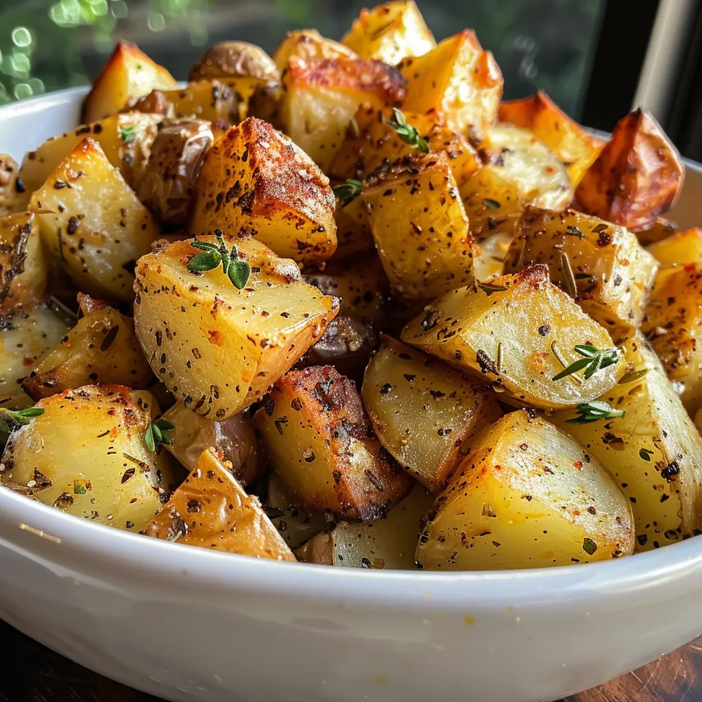 ['Close-up view of golden-brown diced potatoes in a bowl.', 'Side shot of crispy roasted diced potatoes garnished with herbs.', 'Juicy diced potatoes arranged in a serving dish, showing their texture.', 'Well-cooked, seasoned diced potatoes displayed on a wooden table.']