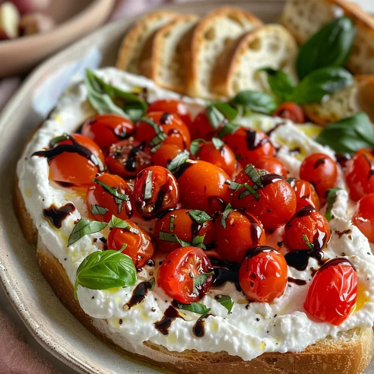 Close-up view of Whipped Feta Bruschetta Dip with colorful cherry tomatoes and basil.
