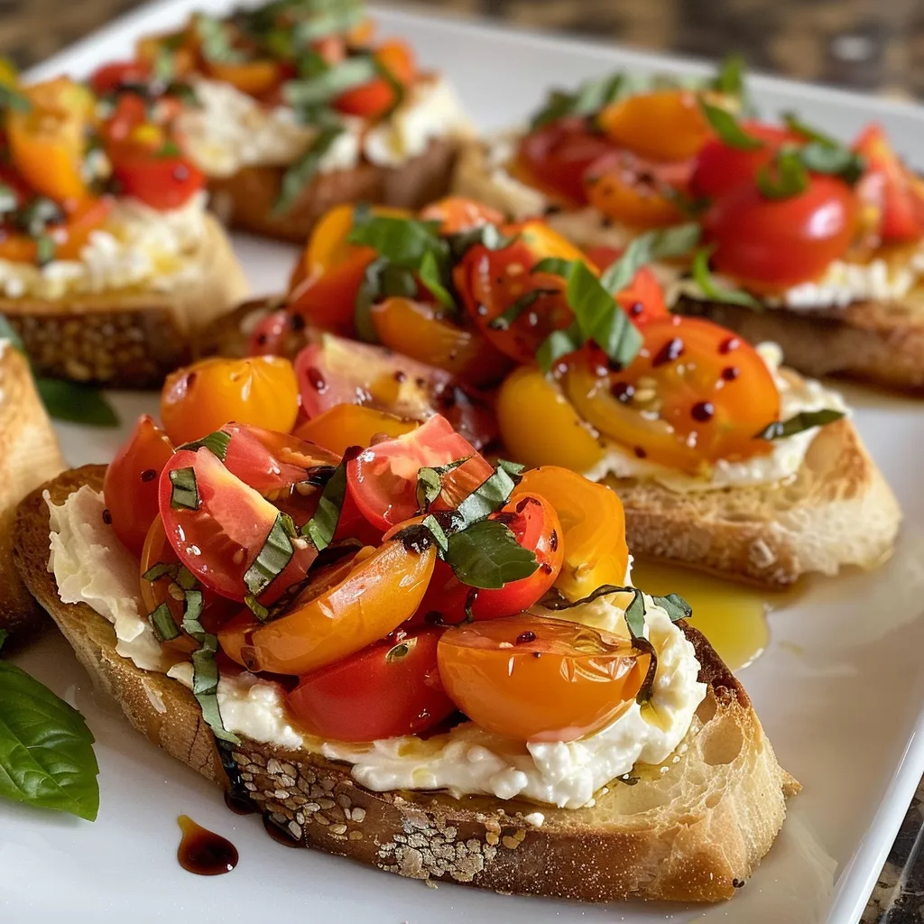 Side view of a creamy dip with diced tomatoes and fresh herbs, served with crostini.