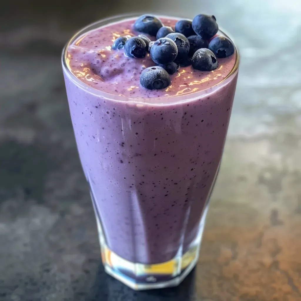 ['Close-up shot of a refreshing vanilla blueberry protein shake in a glass.', 'Side view of a protein shake filled with blueberries and a creamy texture.', 'A vibrant vanilla blueberry shake with a smooth consistency in a clear cup.', 'Delicious looking protein shake made with blueberries, presented in a glass.']