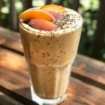 ['Close-up view of a creamy vanilla peach smoothie in a glass with peach slices beside it.', 'Refreshing smoothie made with peaches and almond milk, photographed from the side.', 'Side angle of a delicious vanilla peach smoothie garnished with a peach wedge.', 'Creamy peach smoothie in a clear glass, showing its vibrant color and texture.']