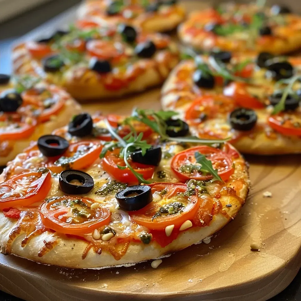 ['Close-up view of a vegan mini pizza topped with fresh vegetables and nuts.', 'Side angle of several vegan mini pizzas with colorful toppings on a wooden board.', 'Juicy vegan mini pizzas featuring sliced courgettes, cherry tomatoes, and arugula.', 'Assortment of vegan mini pizzas showcasing vibrant toppings and cheese alternative.']