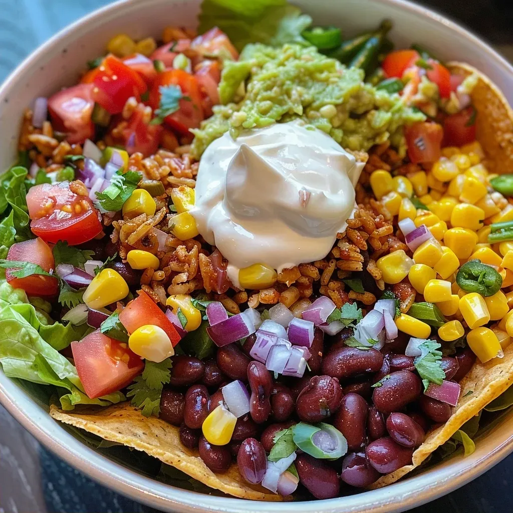 ['A colorful Veggie Burrito Bowl featuring rice, beans, and fresh vegetables.', 'Close-up view of a Veggie Burrito Bowl filled with vibrant ingredients.', 'A side view of a delicious Veggie Burrito Bowl with toppings and garnishes.', 'An appetizing Veggie Burrito Bowl showcasing rice, guacamole, and fresh greens.']