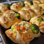 ['Close-up of golden-brown Veggie Pizza Bites in a muffin tin.', 'Side view of delicious Veggie Pizza Bites showcasing their creamy filling.', 'Juicy Veggie Pizza Bites made with colorful vegetables in a muffin tray.', 'Freshly baked Veggie Pizza Bites with a crispy crescent roll exterior.']
