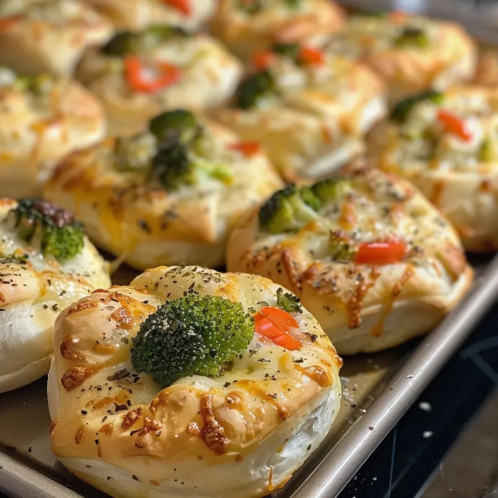 ['Close-up of golden-brown Veggie Pizza Bites in a muffin tin.', 'Side view of delicious Veggie Pizza Bites showcasing their creamy filling.', 'Juicy Veggie Pizza Bites made with colorful vegetables in a muffin tray.', 'Freshly baked Veggie Pizza Bites with a crispy crescent roll exterior.']