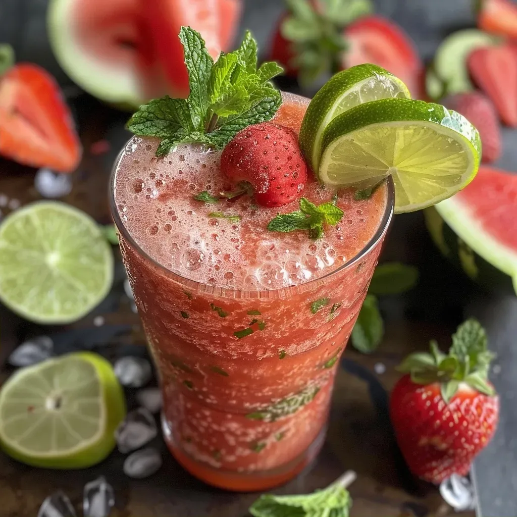 Close-up of a refreshing watermelon berry slushie with mint and lime garnishes.