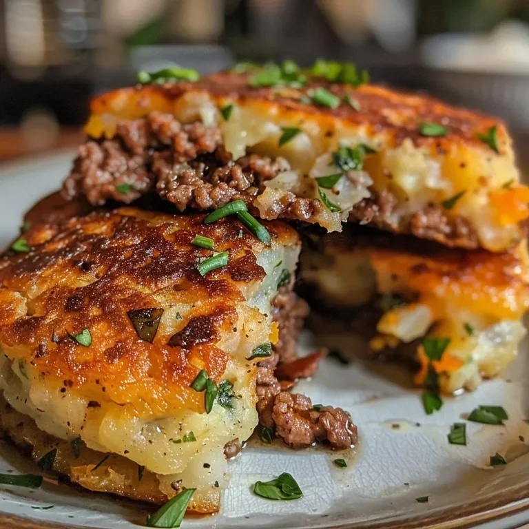 ['Close-up of golden-brown mashed potato pancakes stuffed with ground beef, showcasing a crispy exterior.', 'Side view of juicy Air Fryer mashed potato pancakes with a delicious beef filling, garnished with herbs.', 'Deliciously crispy Air Fryer pancakes, revealing ground beef filling and a sprinkle of spices.', 'Appetizing mashed potato pancakes filled with ground beef, captured in detail from a smartphone.']