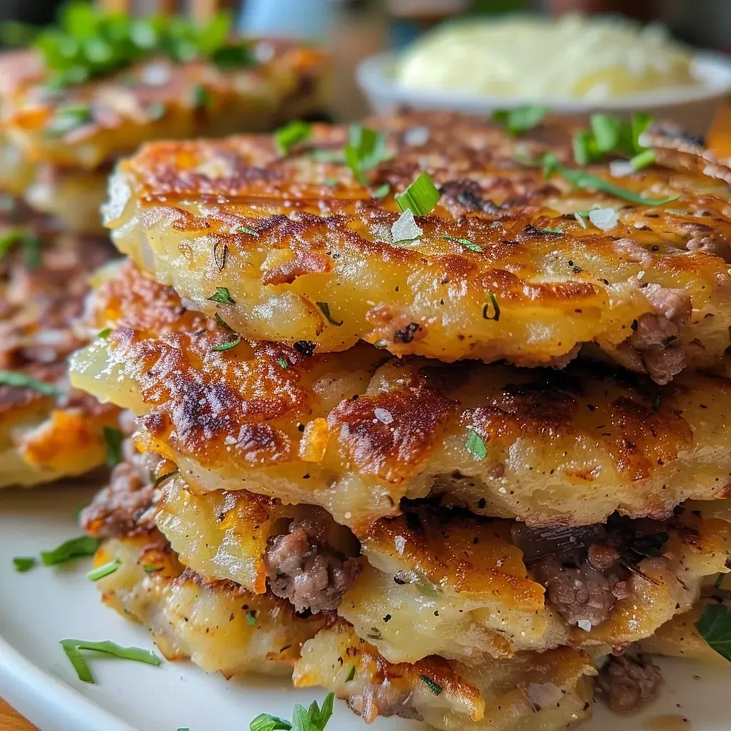['Close-up of golden-brown mashed potato pancakes stuffed with ground beef, showcasing a crispy exterior.', 'Side view of juicy Air Fryer mashed potato pancakes with a delicious beef filling, garnished with herbs.', 'Deliciously crispy Air Fryer pancakes, revealing ground beef filling and a sprinkle of spices.', 'Appetizing mashed potato pancakes filled with ground beef, captured in detail from a smartphone.']
