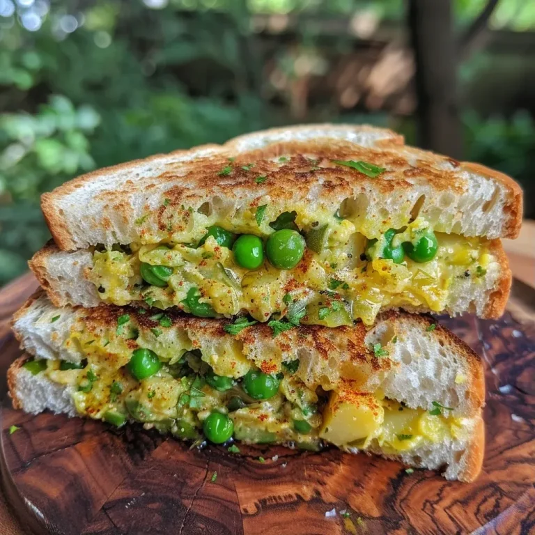 ['Side view of a delicious potato sandwich with visible fillings.', 'Close-up image of a golden-brown Aloo Sandwich, showcasing its ingredients.', 'Aloo Sandwich displayed with vibrant green peas and spices peeking out.', 'Juicy potato sandwich highlighted from the side, revealing its texture and colors.']