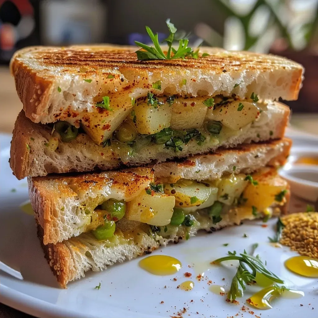 ['Side view of a delicious potato sandwich with visible fillings.', 'Close-up image of a golden-brown Aloo Sandwich, showcasing its ingredients.', 'Aloo Sandwich displayed with vibrant green peas and spices peeking out.', 'Juicy potato sandwich highlighted from the side, revealing its texture and colors.']