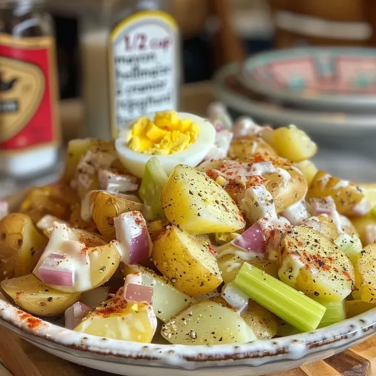 ['Close-up view of Amish potato salad with diced ingredients.', 'Side view of creamy potato salad featuring potatoes, egg, and vegetables.', 'Detailed shot of homemade Amish potato salad in a bowl.', 'Brightly colored Amish potato salad with visible ingredients like celery and onion.']