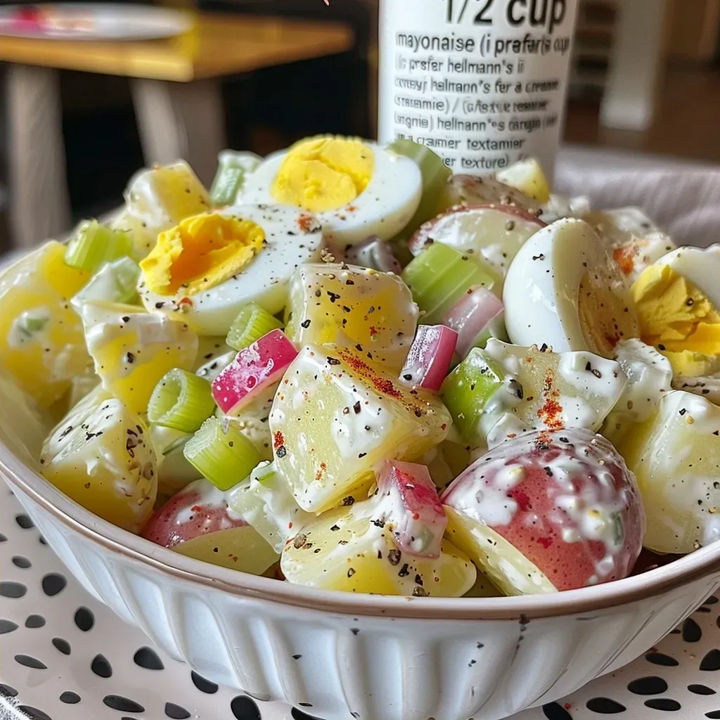 ['Close-up view of Amish potato salad with diced ingredients.', 'Side view of creamy potato salad featuring potatoes, egg, and vegetables.', 'Detailed shot of homemade Amish potato salad in a bowl.', 'Brightly colored Amish potato salad with visible ingredients like celery and onion.']