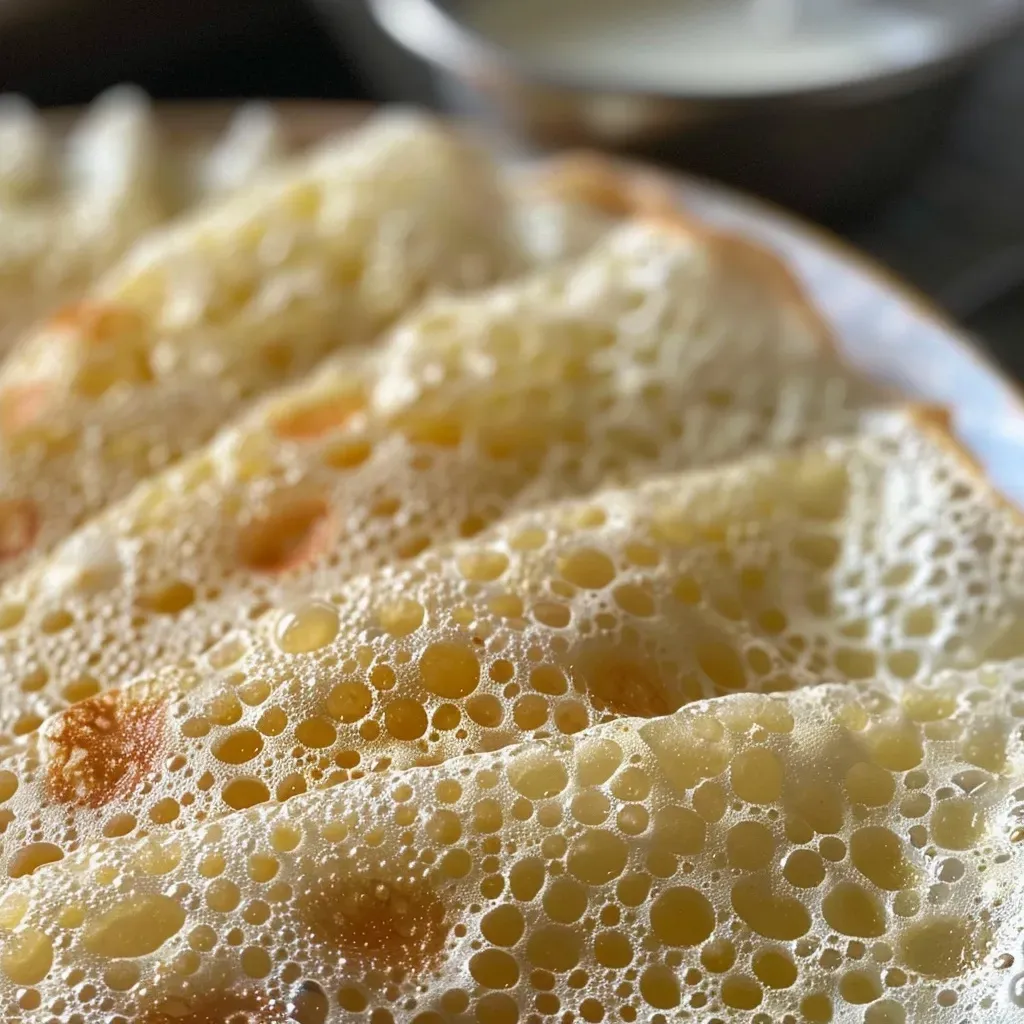 ['Close-up of a fluffy Appam pancake with a soft texture, garnished with coconut.', 'Side view of golden-brown Appam pancakes stacked on a plate, showcasing their fluffy interior.', 'Juicy, steaming Appam pancakes presented artistically with a drizzle of coconut milk.', 'A delicious Appam pancake with a soft, spongy surface, highlighted by its rich color.']