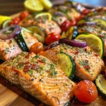 ['Close-up view of baked salmon fillets topped with lemon and herbs, surrounded by colorful vegetables.', 'Juicy baked salmon with lemon slices, zucchini, cherry tomatoes, and red onion on a plate.', 'A side view of a delicious baked lemon herb salmon dish, garnished with fresh herbs and vegetables.', 'Appetizing baked salmon with lemon and herbs, presented with sliced zucchini and halved cherry tomatoes.']