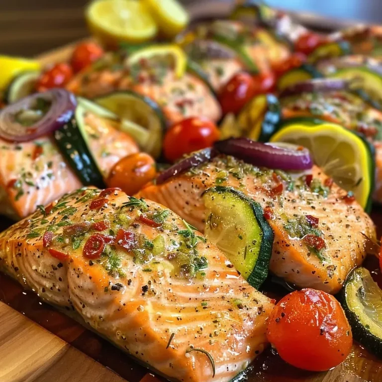 ['Close-up view of baked salmon fillets topped with lemon and herbs, surrounded by colorful vegetables.', 'Juicy baked salmon with lemon slices, zucchini, cherry tomatoes, and red onion on a plate.', 'A side view of a delicious baked lemon herb salmon dish, garnished with fresh herbs and vegetables.', 'Appetizing baked salmon with lemon and herbs, presented with sliced zucchini and halved cherry tomatoes.']