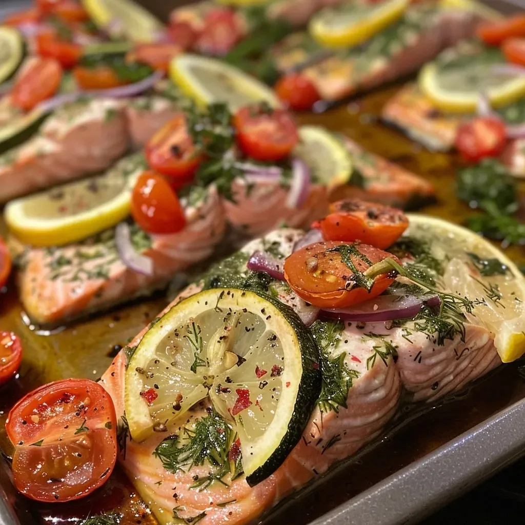 ['Close-up view of baked salmon fillets topped with lemon and herbs, surrounded by colorful vegetables.', 'Juicy baked salmon with lemon slices, zucchini, cherry tomatoes, and red onion on a plate.', 'A side view of a delicious baked lemon herb salmon dish, garnished with fresh herbs and vegetables.', 'Appetizing baked salmon with lemon and herbs, presented with sliced zucchini and halved cherry tomatoes.']