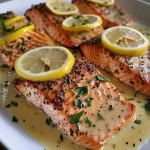 ['Close-up view of a plated baked salmon fillet topped with a creamy lemon butter sauce and garnished with parsley.', 'A juicy baked salmon fillet drizzled with lemon butter sauce, served on a white plate with lemon slices.', 'Side view of baked salmon fillet with a rich lemon butter cream sauce and a sprinkle of fresh parsley.', 'Plated baked salmon with a glistening lemon cream sauce, lemon wedges, and a touch of garlic.']