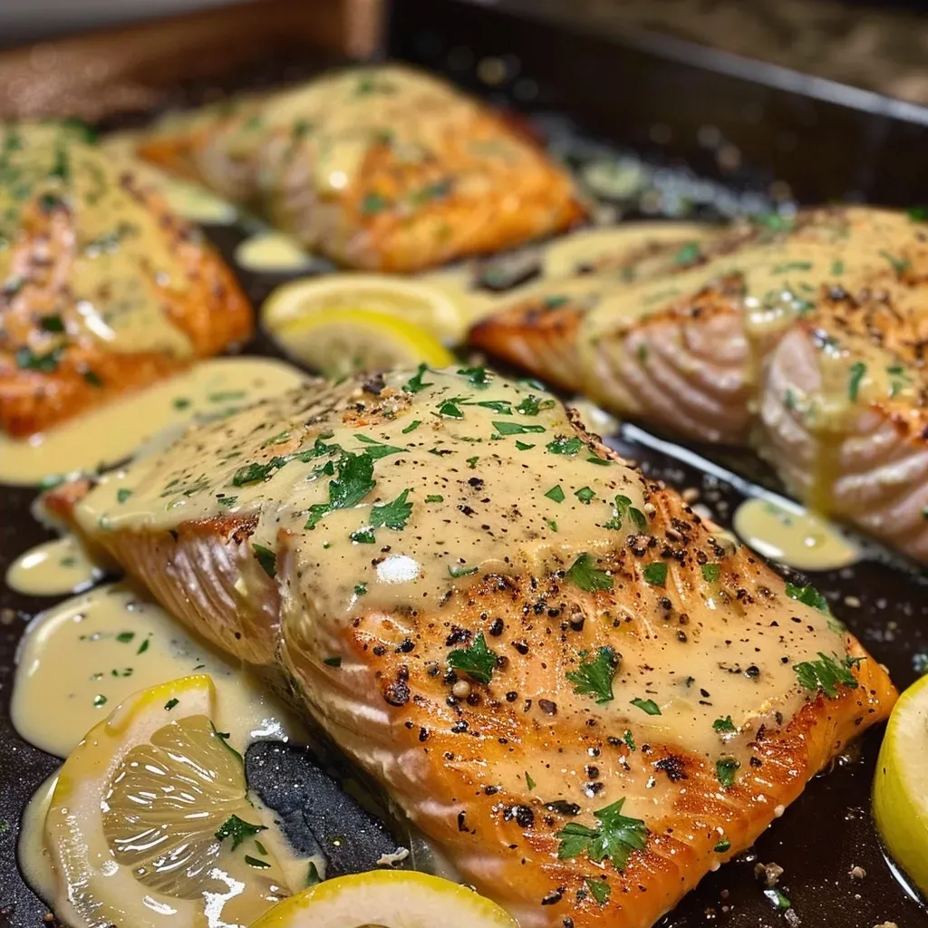 ['Close-up view of a plated baked salmon fillet topped with a creamy lemon butter sauce and garnished with parsley.', 'A juicy baked salmon fillet drizzled with lemon butter sauce, served on a white plate with lemon slices.', 'Side view of baked salmon fillet with a rich lemon butter cream sauce and a sprinkle of fresh parsley.', 'Plated baked salmon with a glistening lemon cream sauce, lemon wedges, and a touch of garlic.']