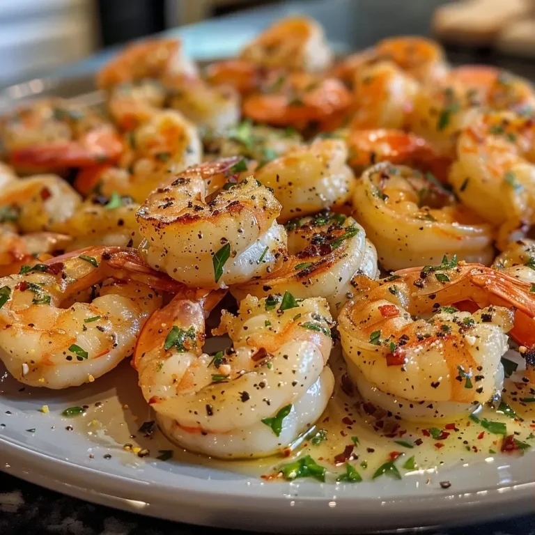 ['Juicy baked shrimp resting in garlic lemon butter sauce.', 'Close-up view of succulent shrimp with a golden glaze.', 'Side shot of baked shrimp garnished with parsley.', 'Plump shrimp coated in a rich butter sauce, ready to serve.']