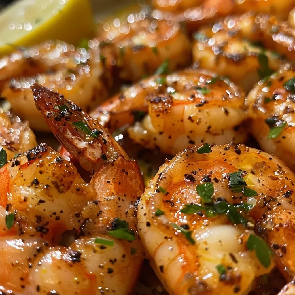 ['Juicy baked shrimp resting in garlic lemon butter sauce.', 'Close-up view of succulent shrimp with a golden glaze.', 'Side shot of baked shrimp garnished with parsley.', 'Plump shrimp coated in a rich butter sauce, ready to serve.']
