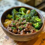 ['A close-up side view of a Beef and Broccoli Potato Bowl featuring juicy ground beef and vibrant broccoli.', 'A detailed shot of a Beef and Broccoli Potato Bowl showing halved baby potatoes, minced garlic, and fresh parsley.', 'A vibrant Beef and Broccoli Potato Bowl with ground beef, broccoli florets, and colorful seasonings.', 'A mouth-watering Beef and Broccoli Potato Bowl filled with juicy beef, green broccoli, and smooth baby potatoes.']