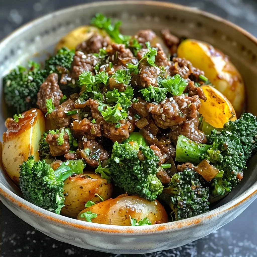 ['A close-up side view of a Beef and Broccoli Potato Bowl featuring juicy ground beef and vibrant broccoli.', 'A detailed shot of a Beef and Broccoli Potato Bowl showing halved baby potatoes, minced garlic, and fresh parsley.', 'A vibrant Beef and Broccoli Potato Bowl with ground beef, broccoli florets, and colorful seasonings.', 'A mouth-watering Beef and Broccoli Potato Bowl filled with juicy beef, green broccoli, and smooth baby potatoes.']