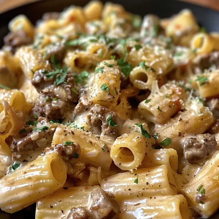 ['Close-up view of juicy beef and rigatoni pasta in creamy garlic sauce.', 'Side view of a bowl filled with beef and pasta in rich sauce, garnished with parsley.', 'Delicious serving of rigatoni with diced beef and creamy garlic sauce, showcasing textures.', 'Appetizing plate of beef with pasta in a creamy garlic sauce, beautifully presented.']